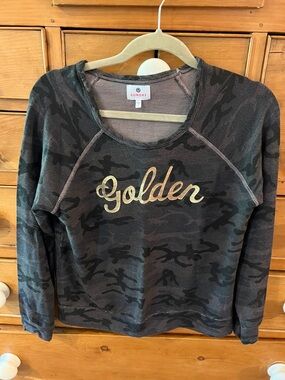 Sz M Sundry Olive Camo Sweatshirt with Gold 'Golden' Script GUC